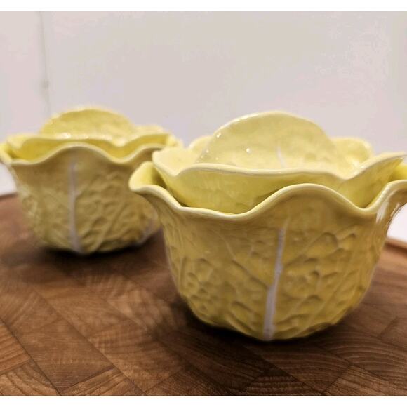2 Secla Portugal Pottery Cabbage‎ Leaf Yellow Soup Bowl+ Lid Condiment VTG Majol - Picture 2 of 12